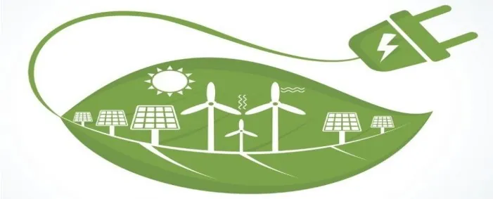 Solar panels and wind turbines on a green leaf, representing renewable energy